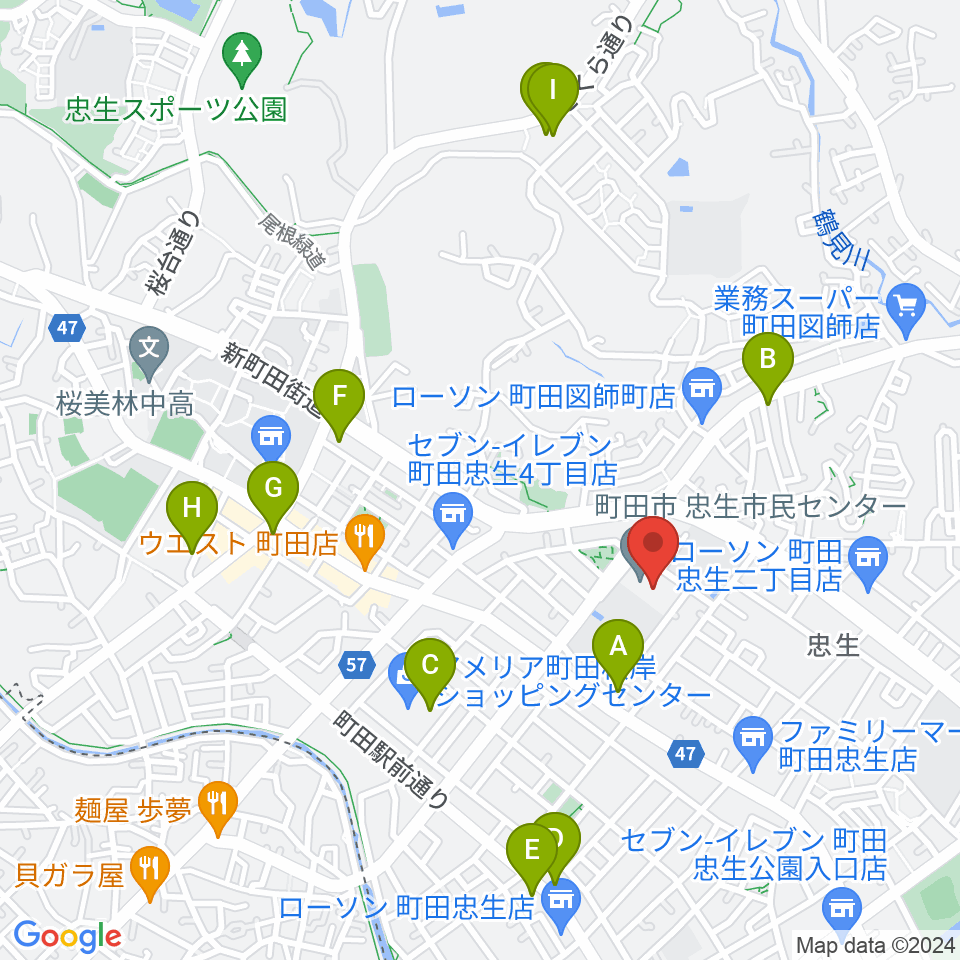 忠生市民センター周辺のカフェ一覧地図