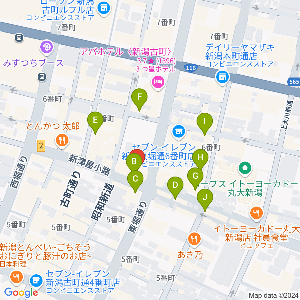 新潟古町えんとつシアター周辺のカフェ一覧地図