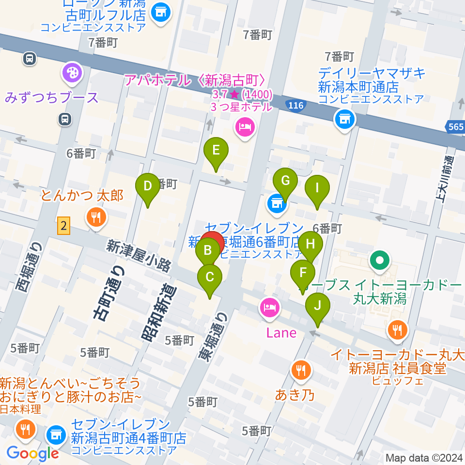 新潟古町えんとつシアター周辺のカフェ一覧地図