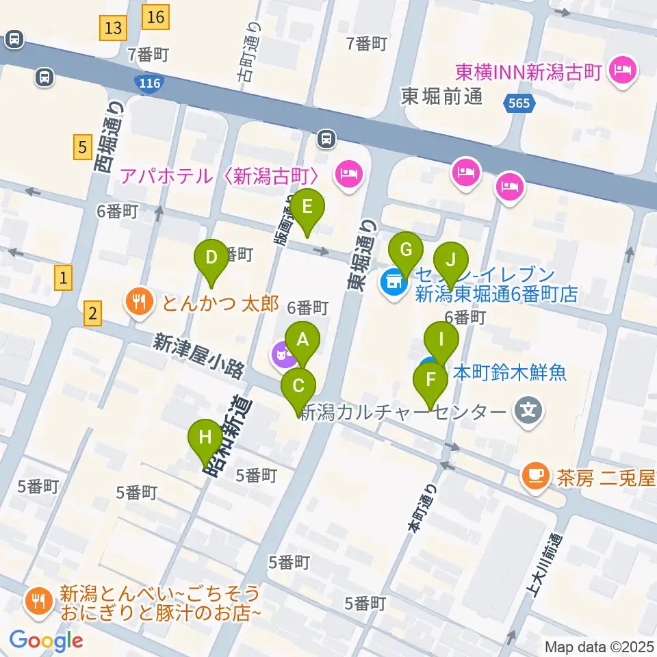 新潟古町えんとつシアター周辺のカフェ一覧地図