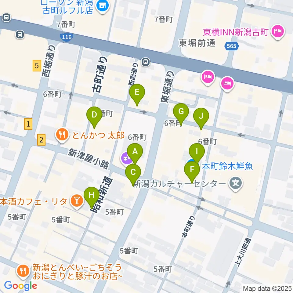 新潟古町えんとつシアター周辺のカフェ一覧地図