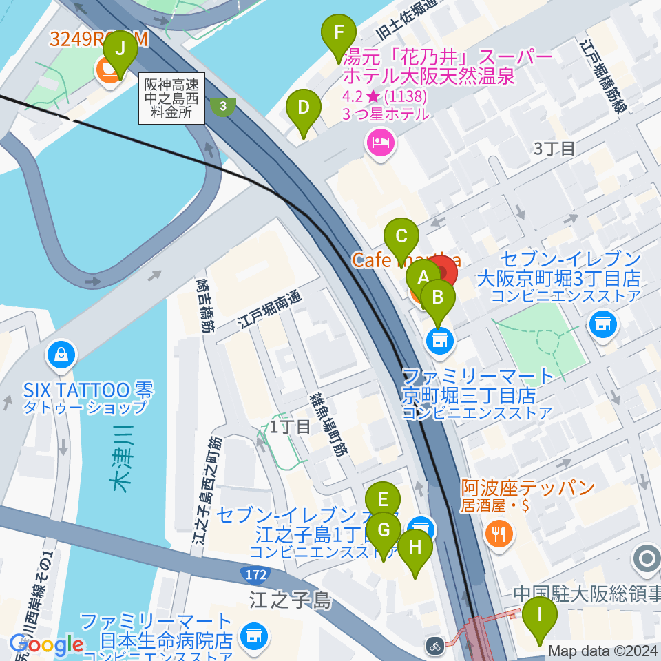 阿波座マーサ周辺のカフェ一覧地図