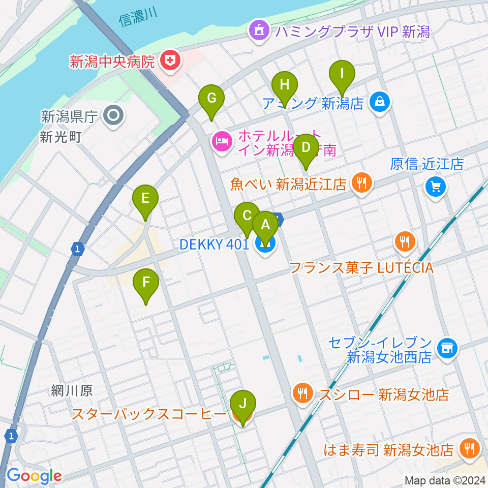 わたじん楽器 デッキィ401センター周辺のカフェ一覧地図