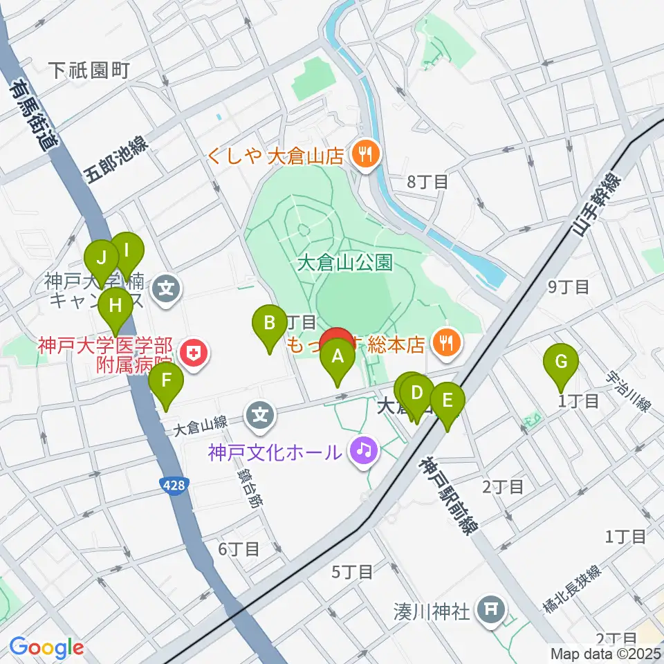 神戸ラピスホール周辺のカフェ一覧地図