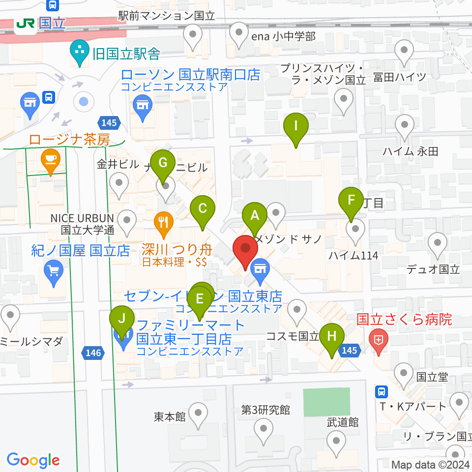 国立はっぽん周辺のカフェ一覧地図