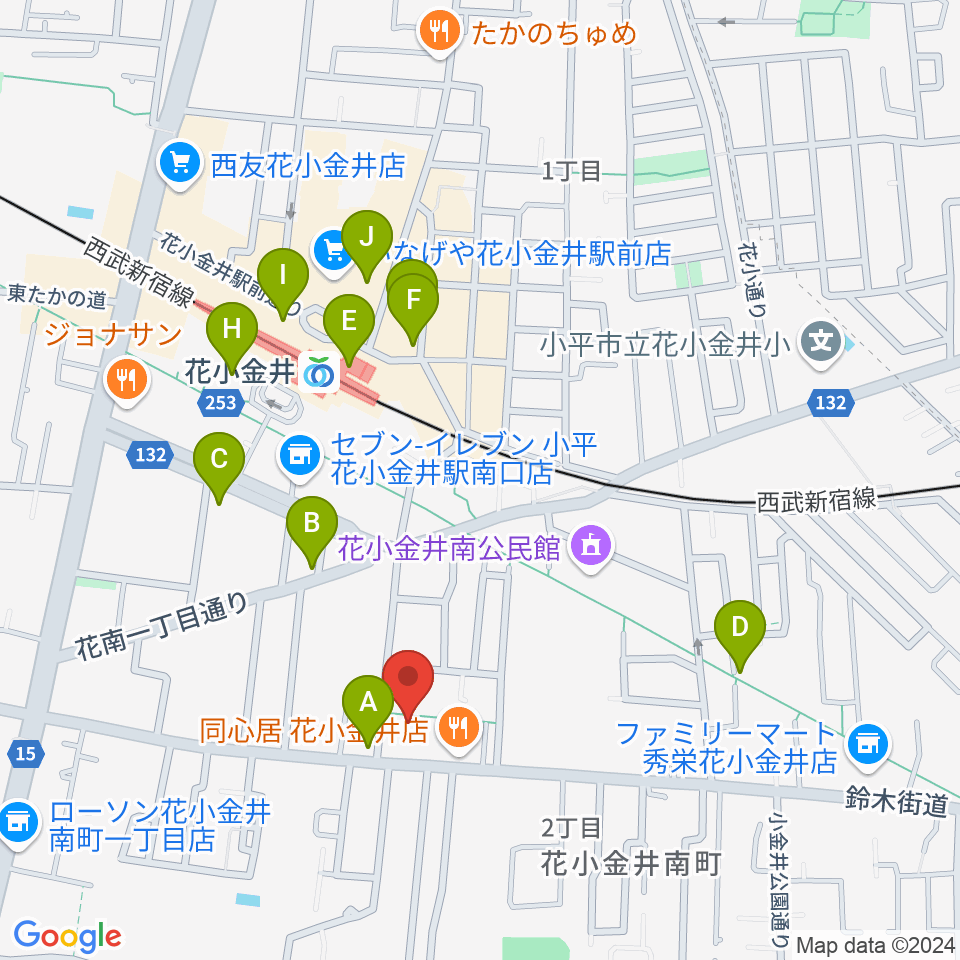 小平ギター＆ピアノ教室 花小金井校周辺のカフェ一覧地図