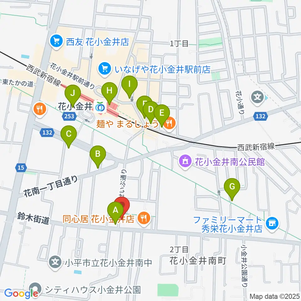 小平ギター&ピアノ教室 花小金井校周辺のカフェ一覧地図