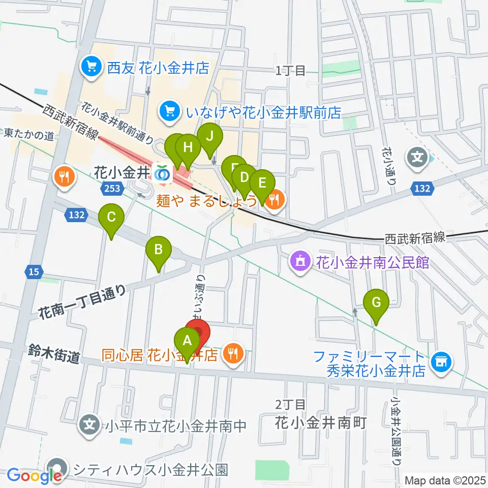 小平ギター&ピアノ教室 花小金井校周辺のカフェ一覧地図