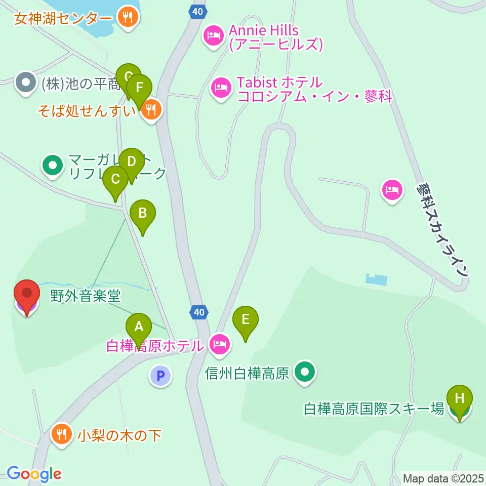 蓼科園地・野外音楽ホール周辺のカフェ一覧地図