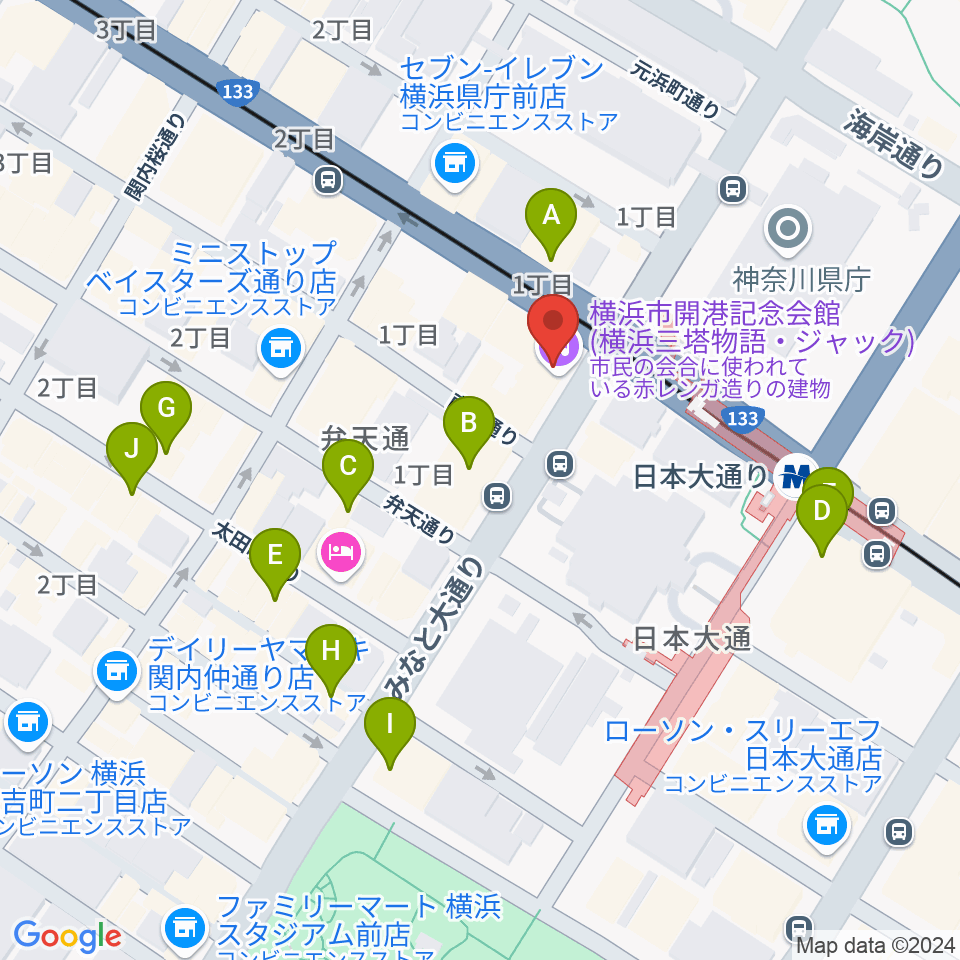 横浜市開港記念会館周辺のカフェ一覧地図