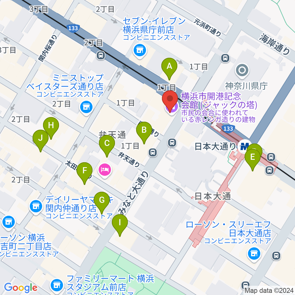 横浜市開港記念会館周辺のカフェ一覧地図