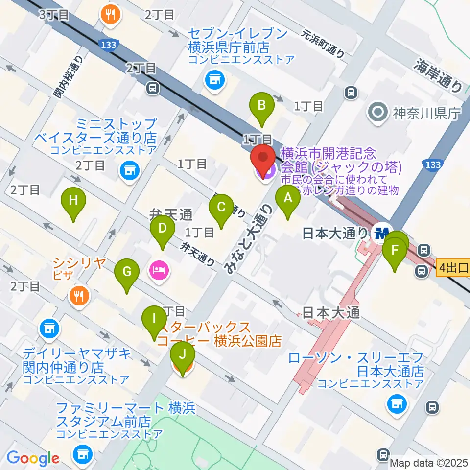 横浜市開港記念会館周辺のカフェ一覧地図