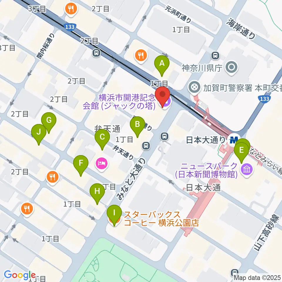 横浜市開港記念会館周辺のカフェ一覧地図