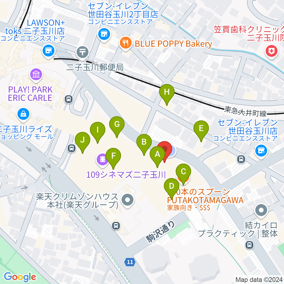 イッツコムスタジオ＆ホール二子玉川ライズ周辺のカフェ一覧地図