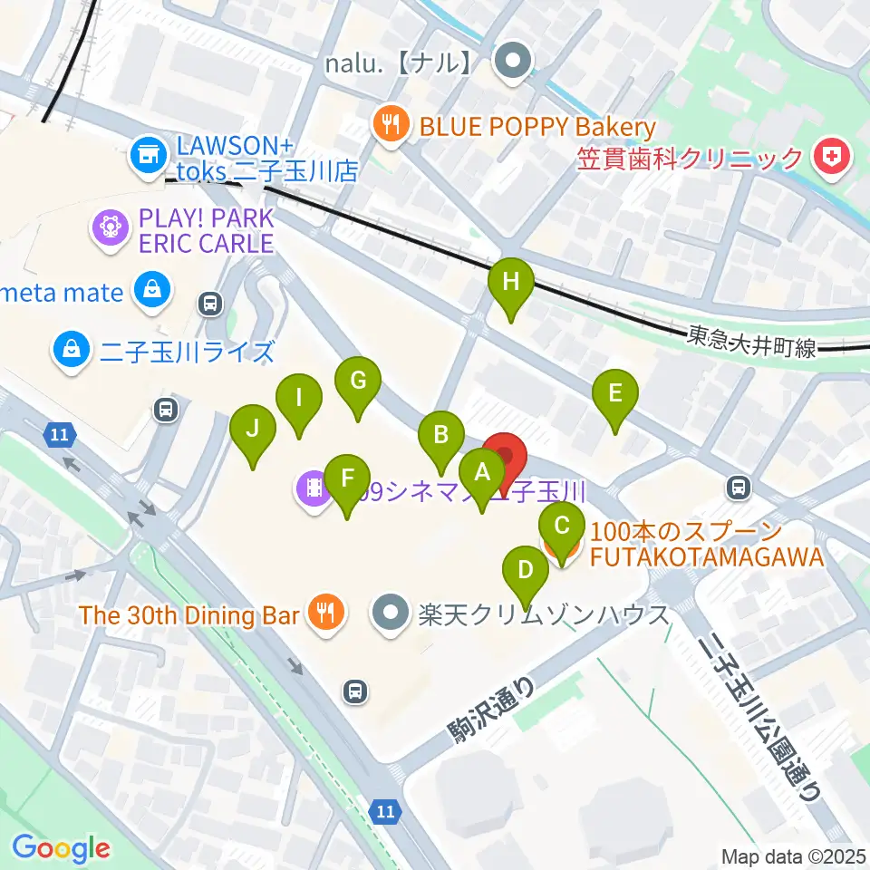 イッツコムスタジオ&ホール二子玉川ライズ周辺のカフェ一覧地図