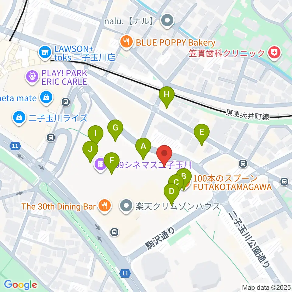イッツコムスタジオ＆ホール二子玉川ライズ周辺のカフェ一覧地図