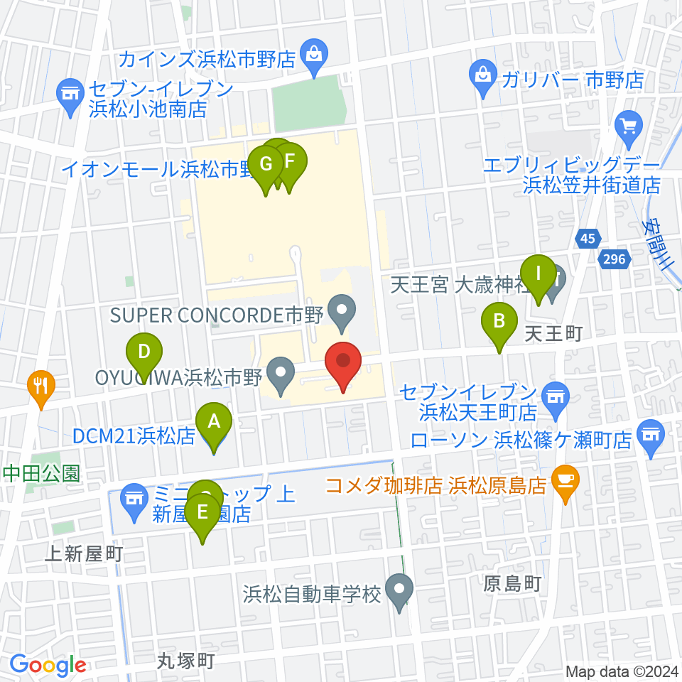 音楽天国 浜松市野店周辺のカフェ一覧地図