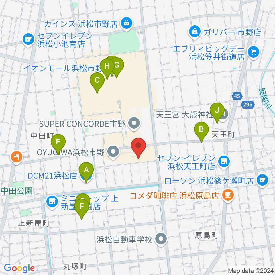 音楽天国 浜松市野店周辺のカフェ一覧地図