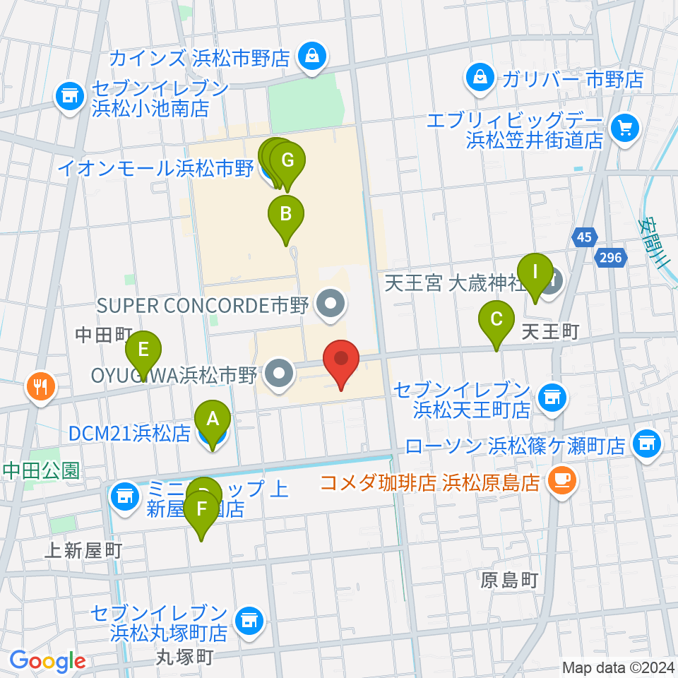 音楽天国 浜松市野店周辺のカフェ一覧地図