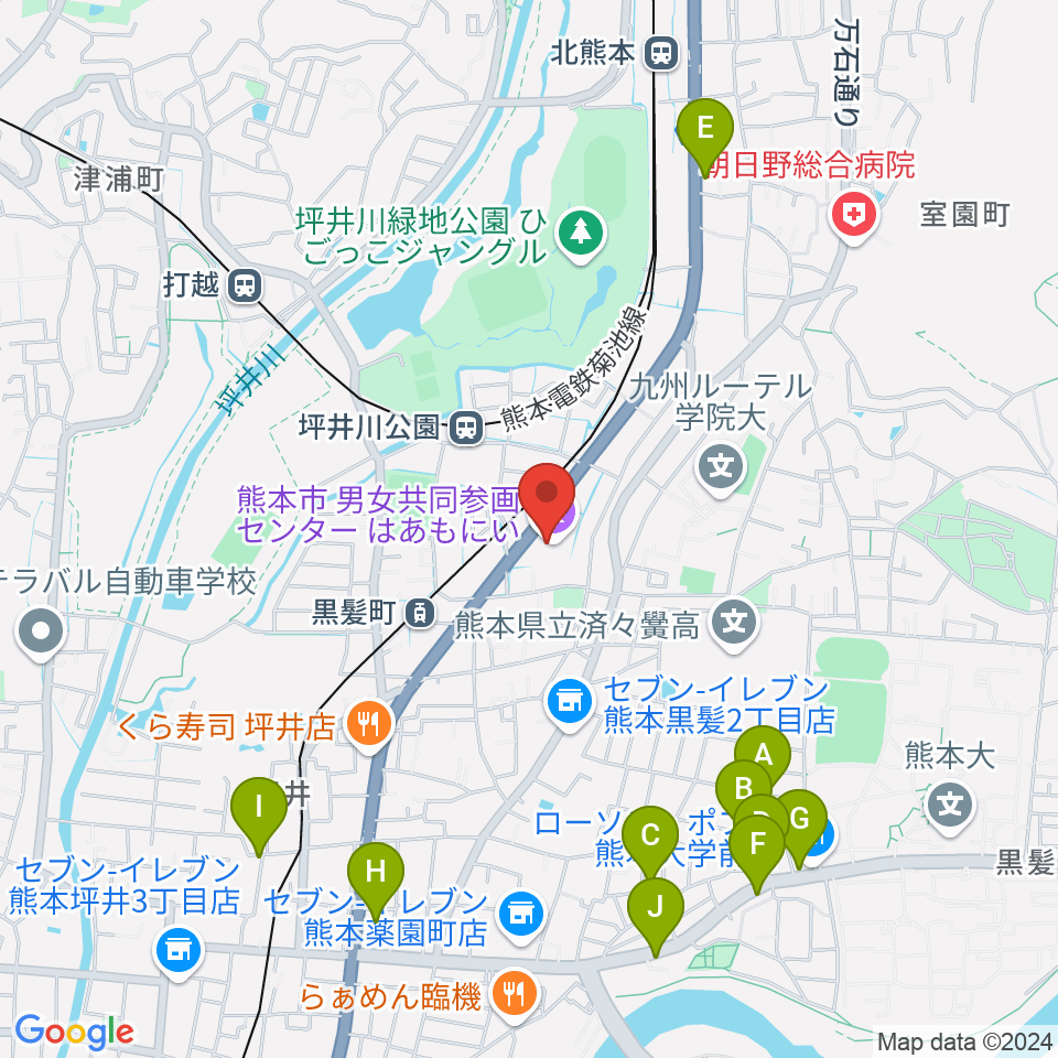 熊本市男女共同参画センターはあもにい周辺のカフェ一覧地図