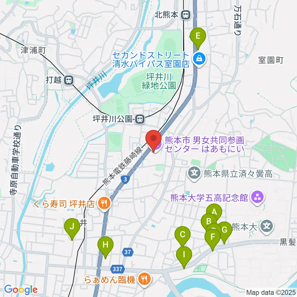 熊本市男女共同参画センターはあもにい周辺のカフェ一覧地図