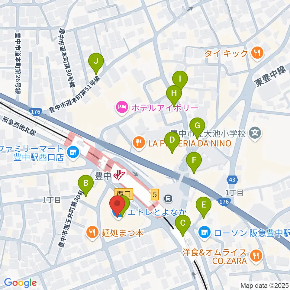 とよなか男女共同参画推進センターすてっぷ周辺のカフェ一覧地図