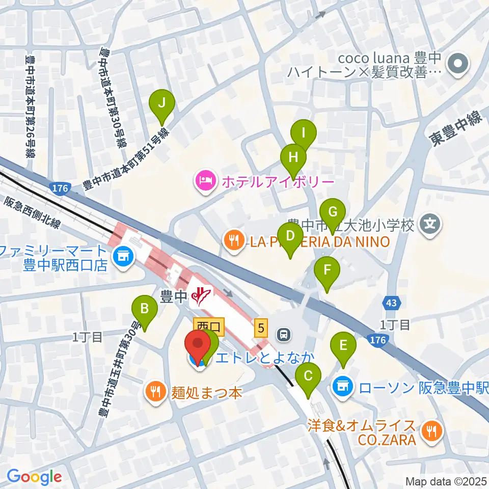 とよなか男女共同参画推進センターすてっぷ周辺のカフェ一覧地図