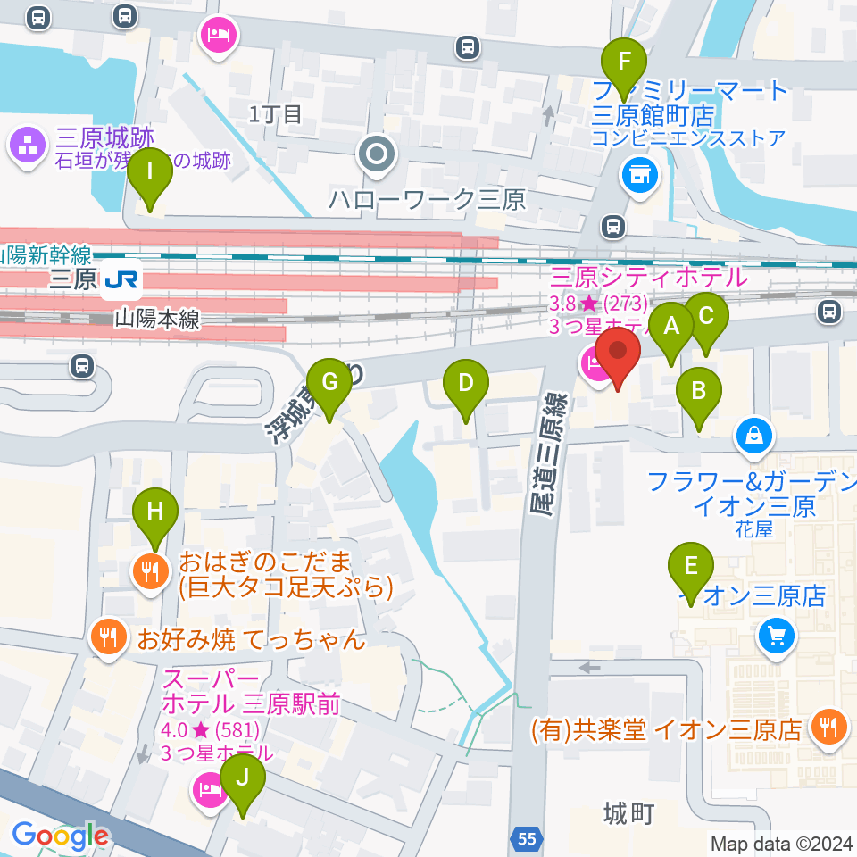 ワタナベミュージックラボ 三原本店周辺のカフェ一覧地図