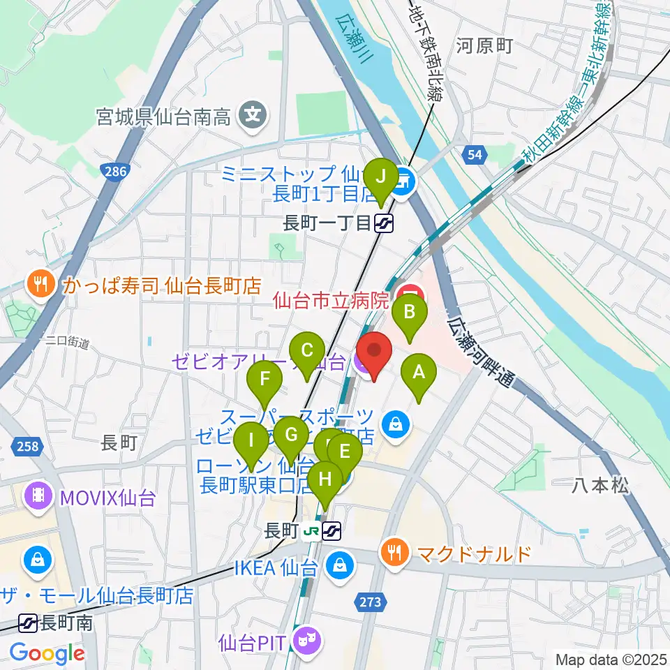 ゼビオアリーナ仙台周辺のカフェ一覧地図