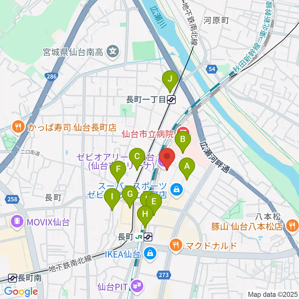 ゼビオアリーナ仙台周辺のカフェ一覧地図