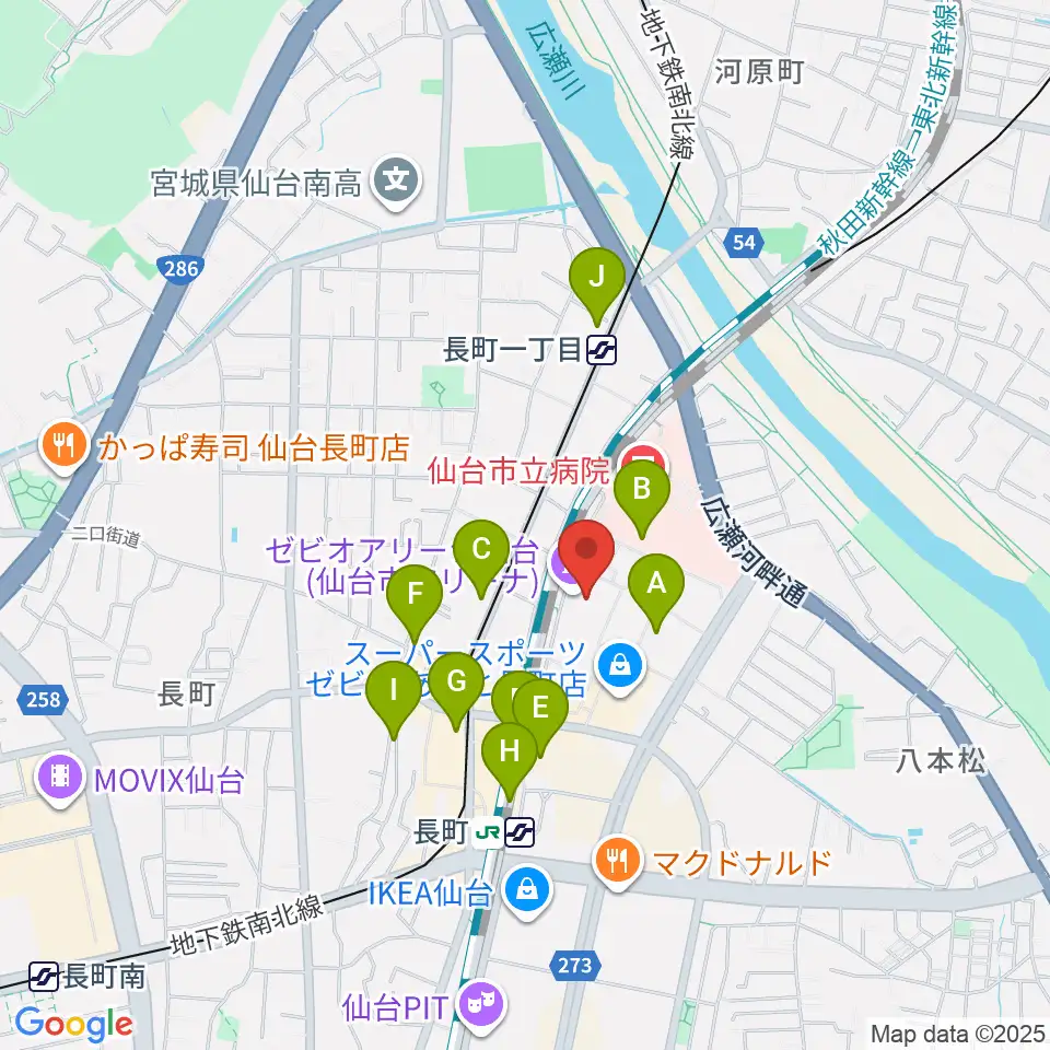 ゼビオアリーナ仙台周辺のカフェ一覧地図