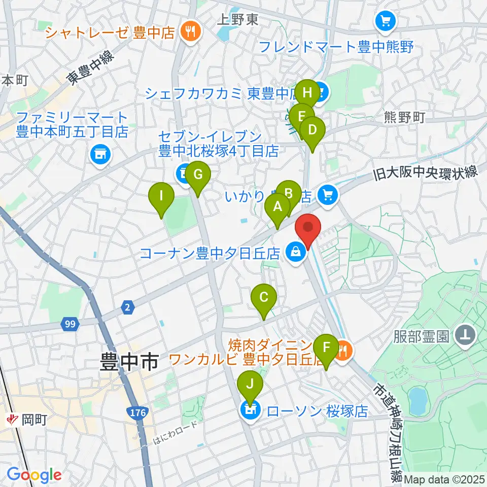 ルビーノ音楽教室周辺のカフェ一覧地図