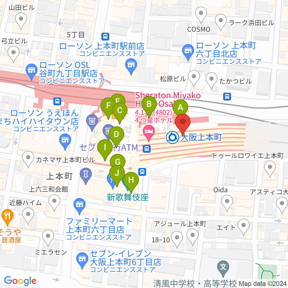 小阪楽器 上本町近鉄店周辺のカフェ一覧地図