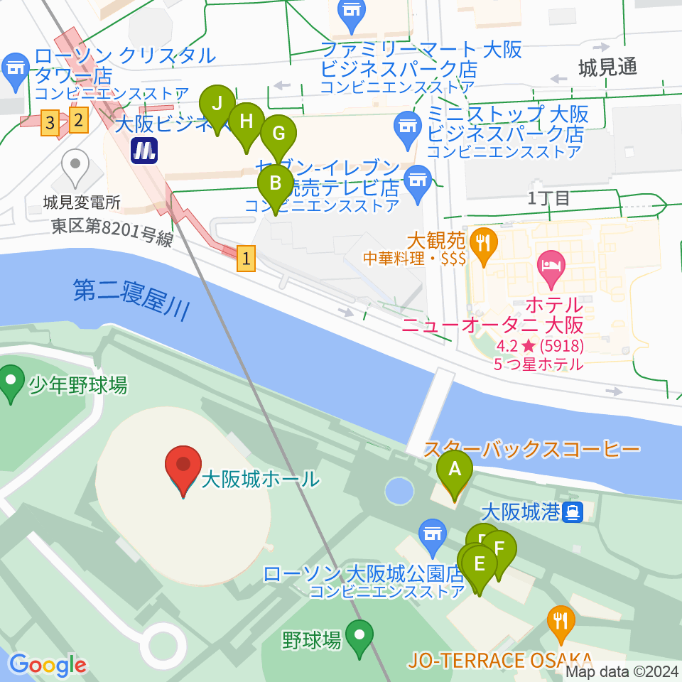 大阪城ホール周辺のカフェ一覧地図