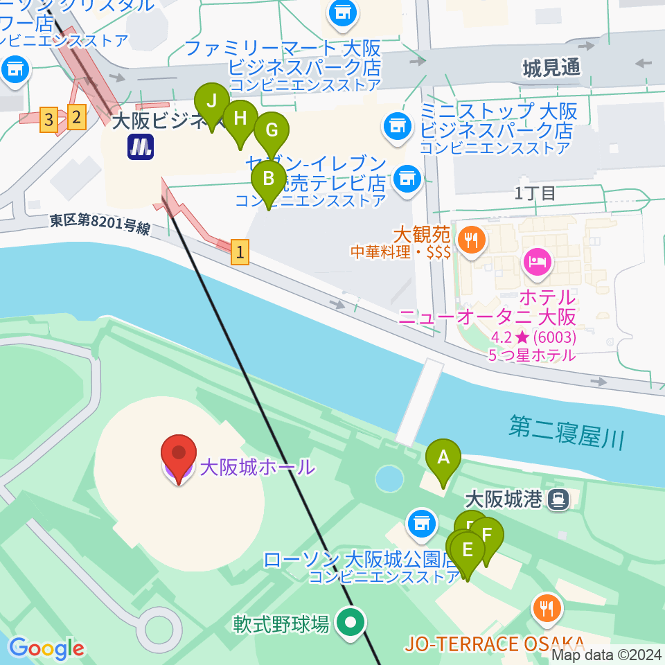 大阪城ホール周辺のカフェ一覧地図