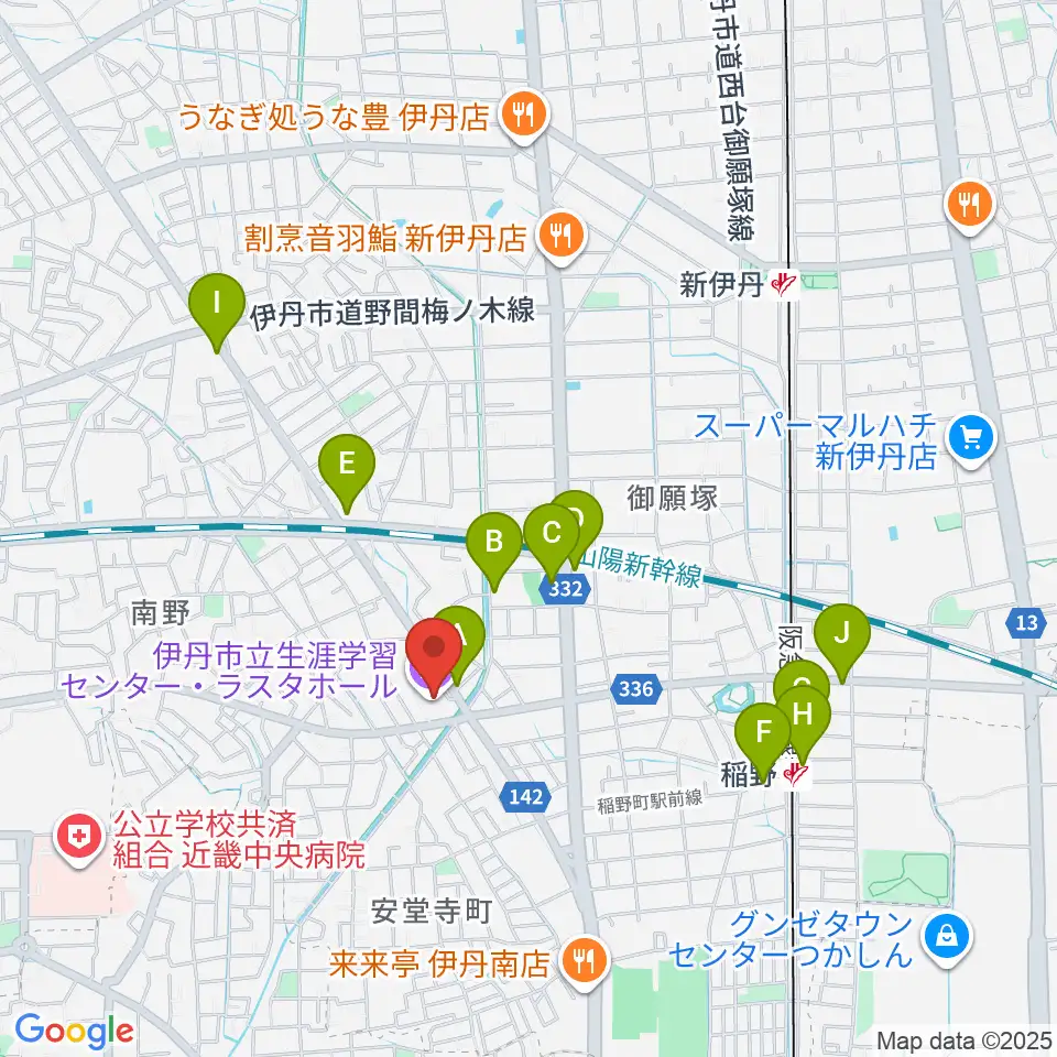 ラスタホール(伊丹市立生涯学習センター) 周辺のカフェ一覧地図