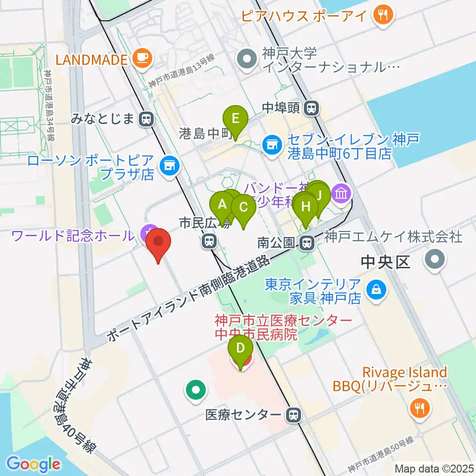 ワールド記念ホール周辺のカフェ一覧地図