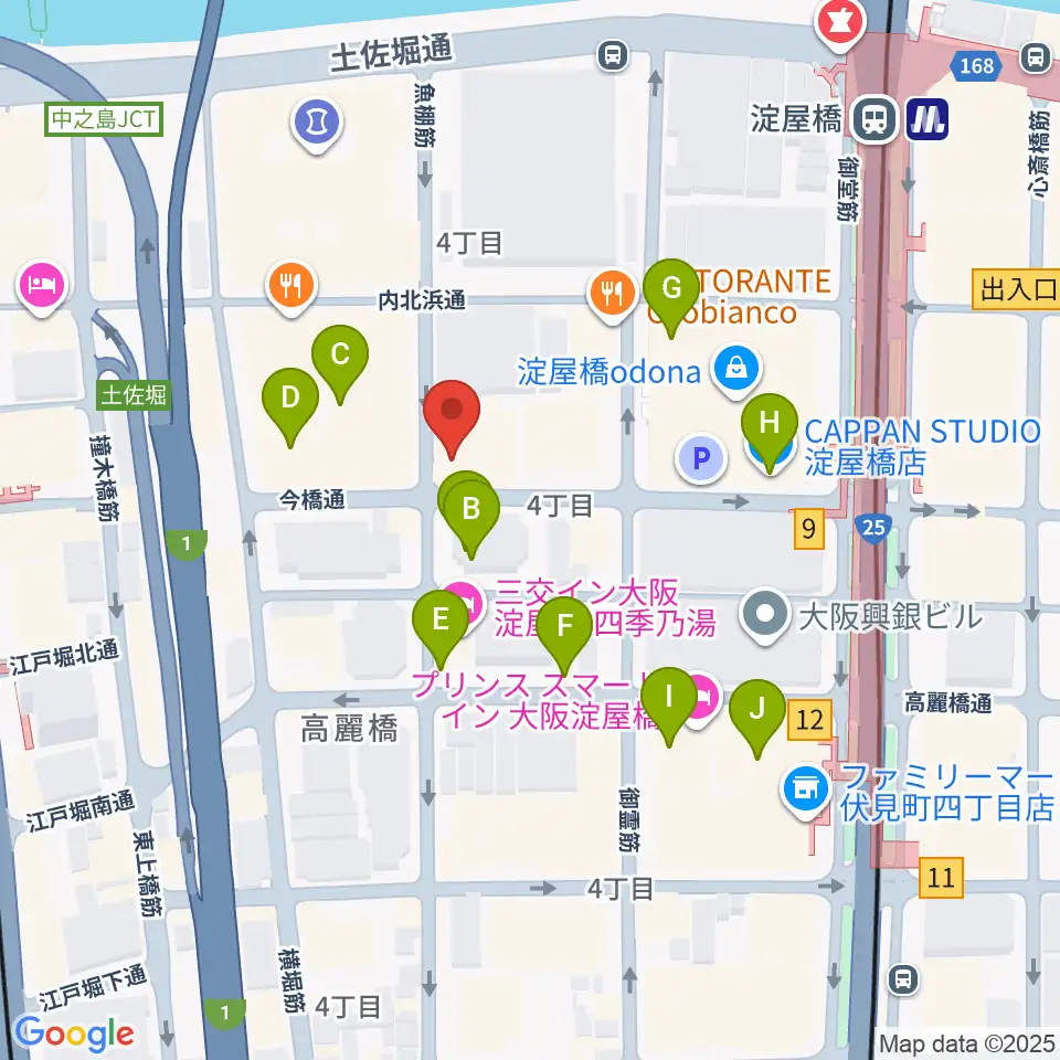 大阪倶楽部4階ホール周辺のカフェ一覧地図