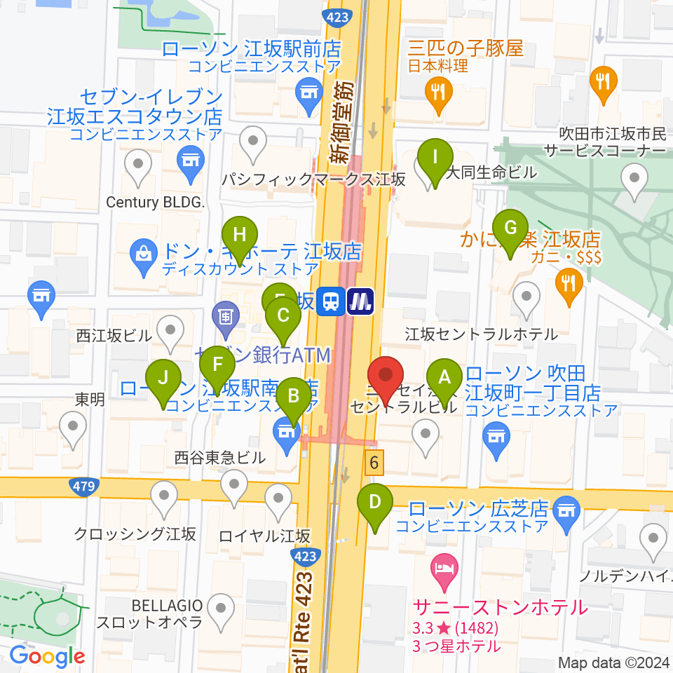 ドルフィンギターズ大阪江坂店周辺のカフェ一覧地図