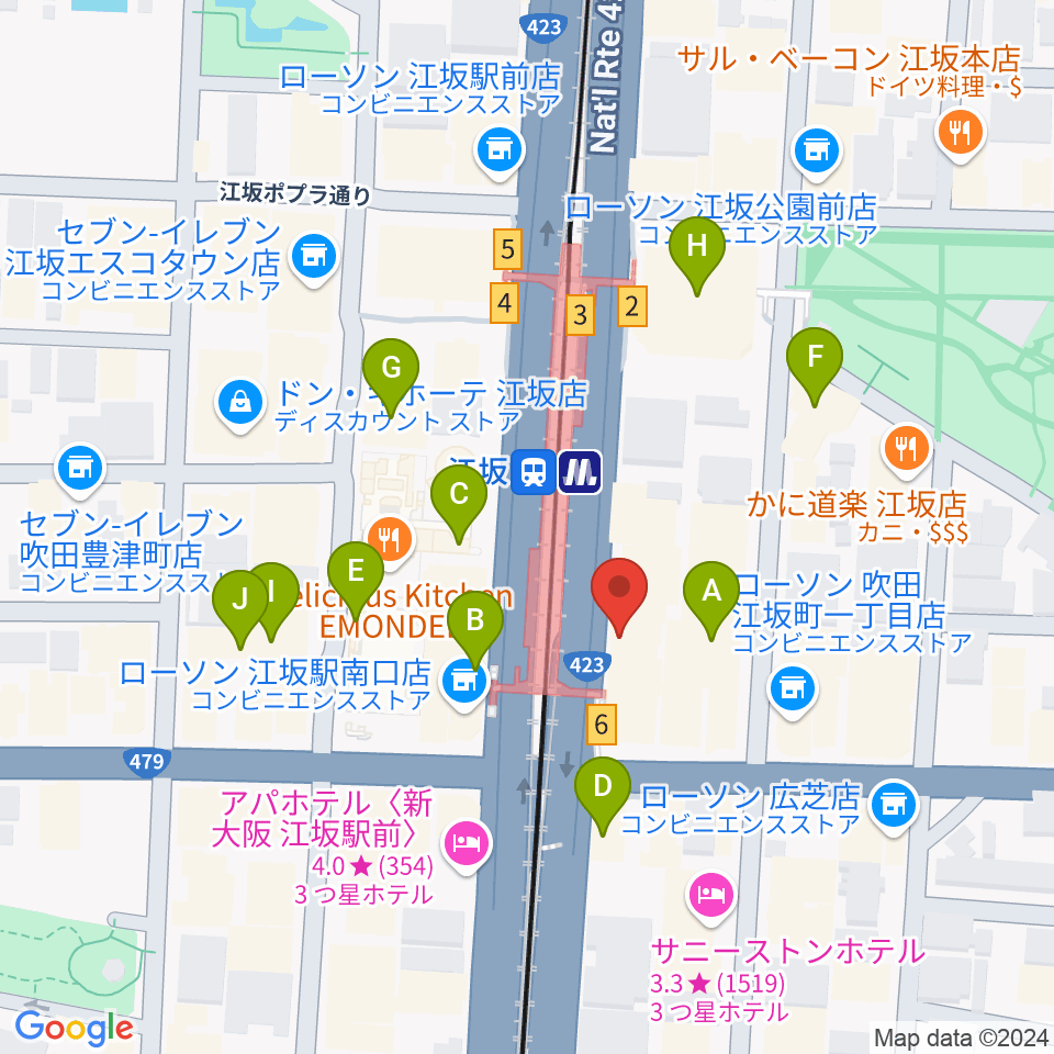 ドルフィンギターズ大阪店周辺のカフェ一覧地図