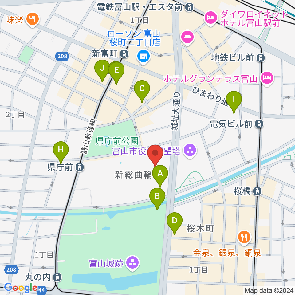 富山県民会館周辺のカフェ一覧地図