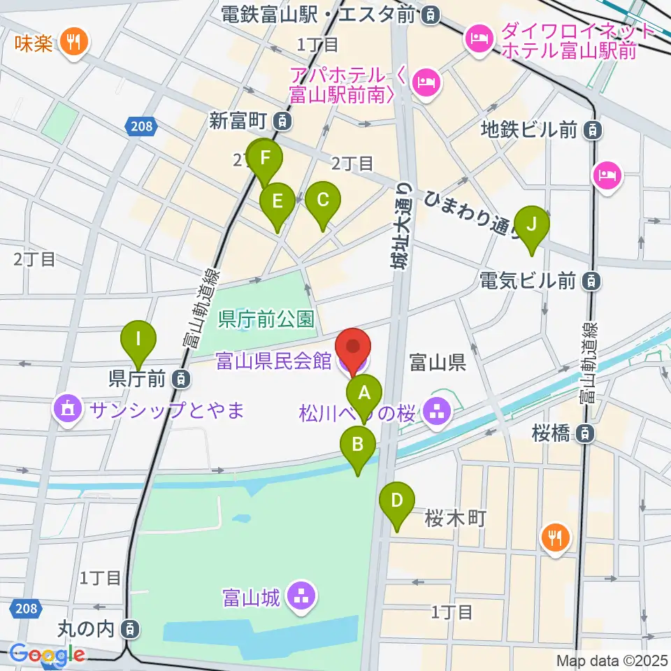 富山県民会館周辺のカフェ一覧地図