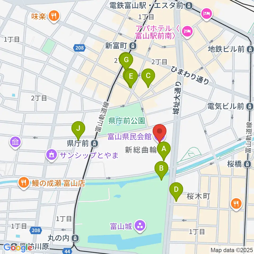 富山県民会館周辺のカフェ一覧地図