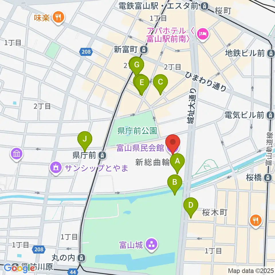 富山県民会館周辺のカフェ一覧地図