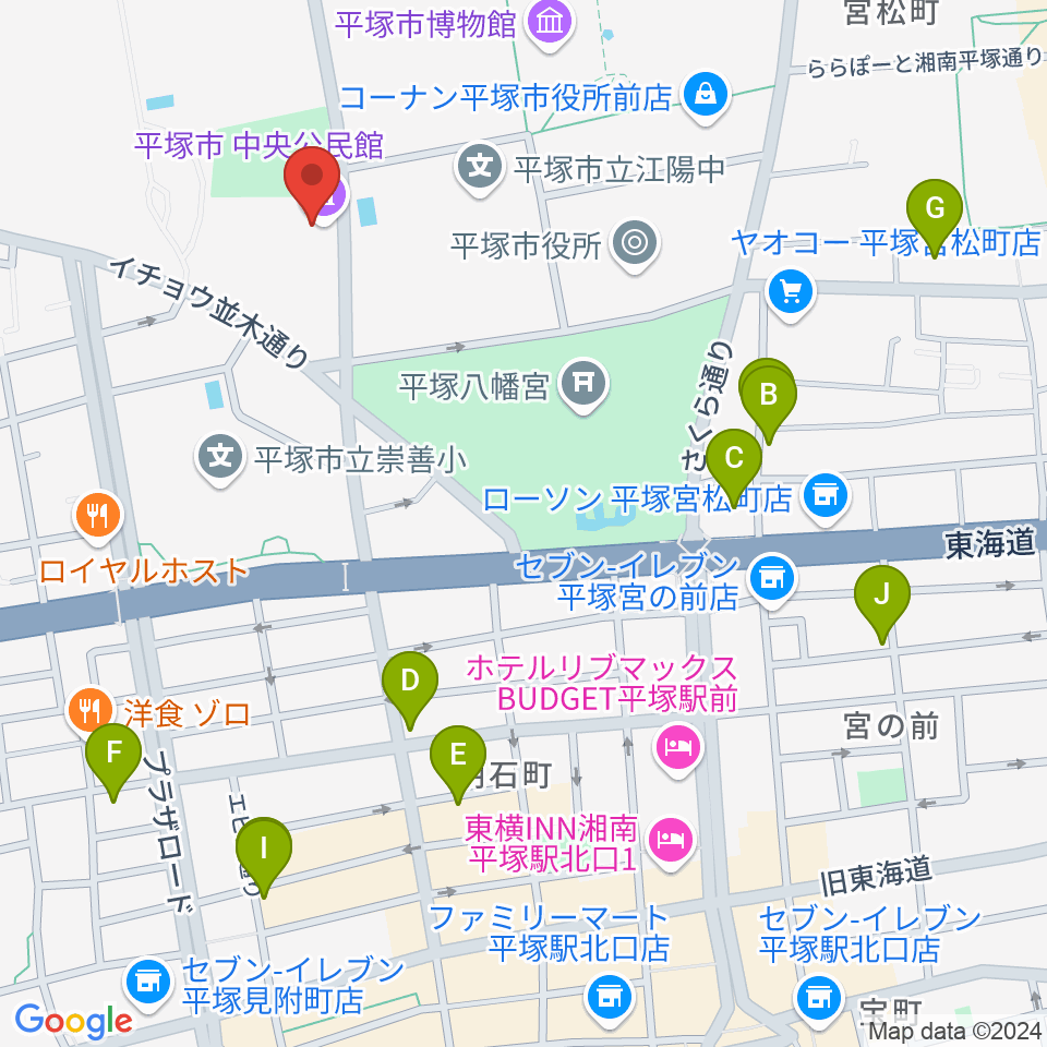 平塚市中央公民館周辺のカフェ一覧地図