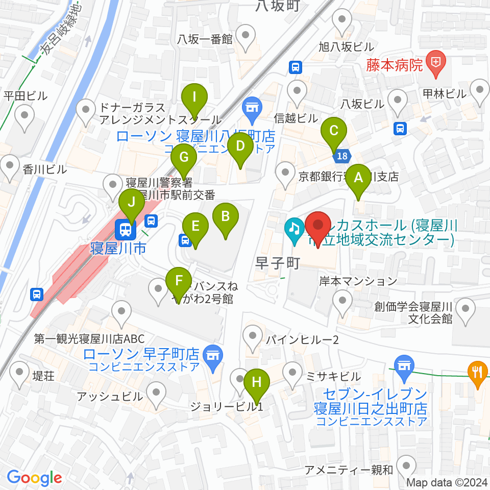 寝屋川アルカスホール周辺のカフェ一覧地図