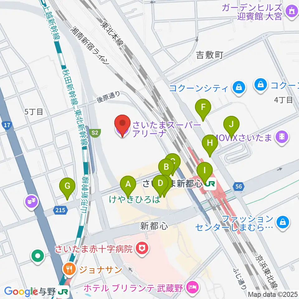 さいたまスーパーアリーナ周辺のカフェ一覧地図