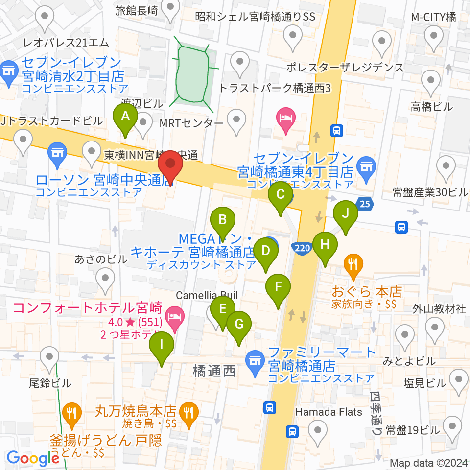カワイ宮崎ショップ周辺のカフェ一覧地図