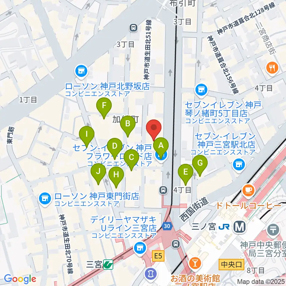 ヤマハミュージック 神戸店周辺のカフェ一覧地図