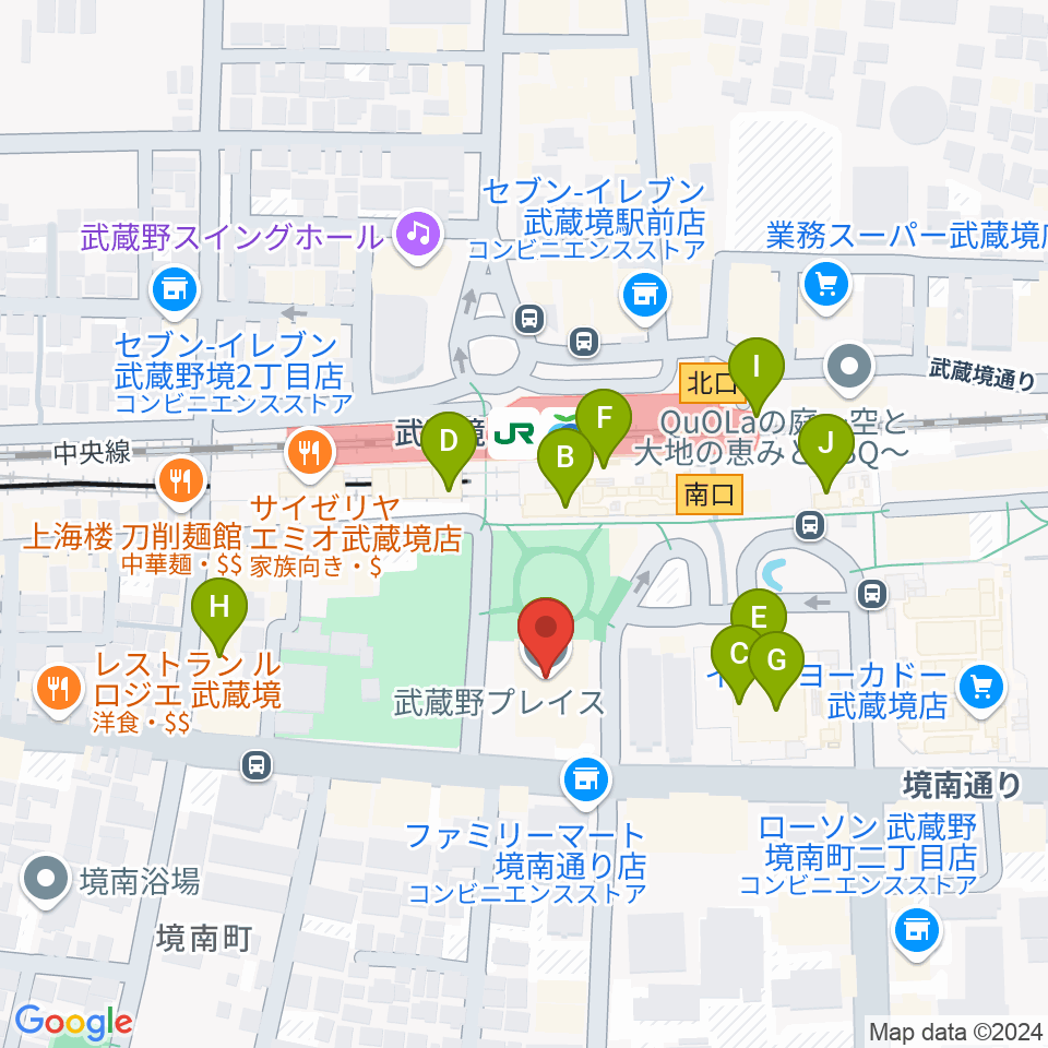 武蔵野プレイス周辺のカフェ一覧地図